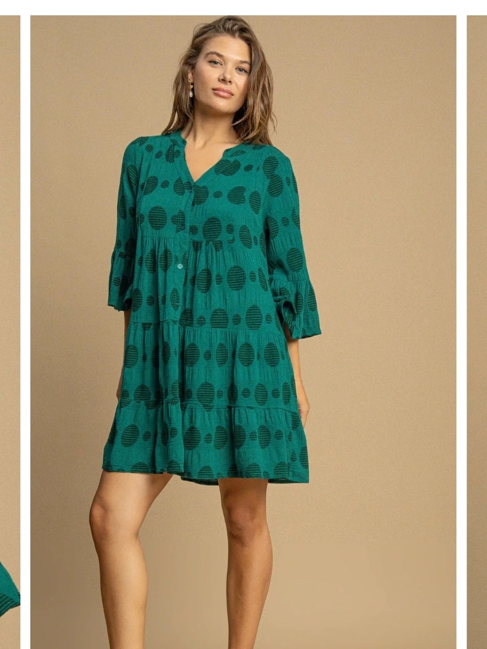Umgee Teal Dot Tiered Mini Dress. Sz Large. Boho Oversized